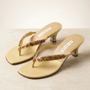 Conquette Ann Marino Yellow Embellished Mid-Heel Thong Kitten Sandal